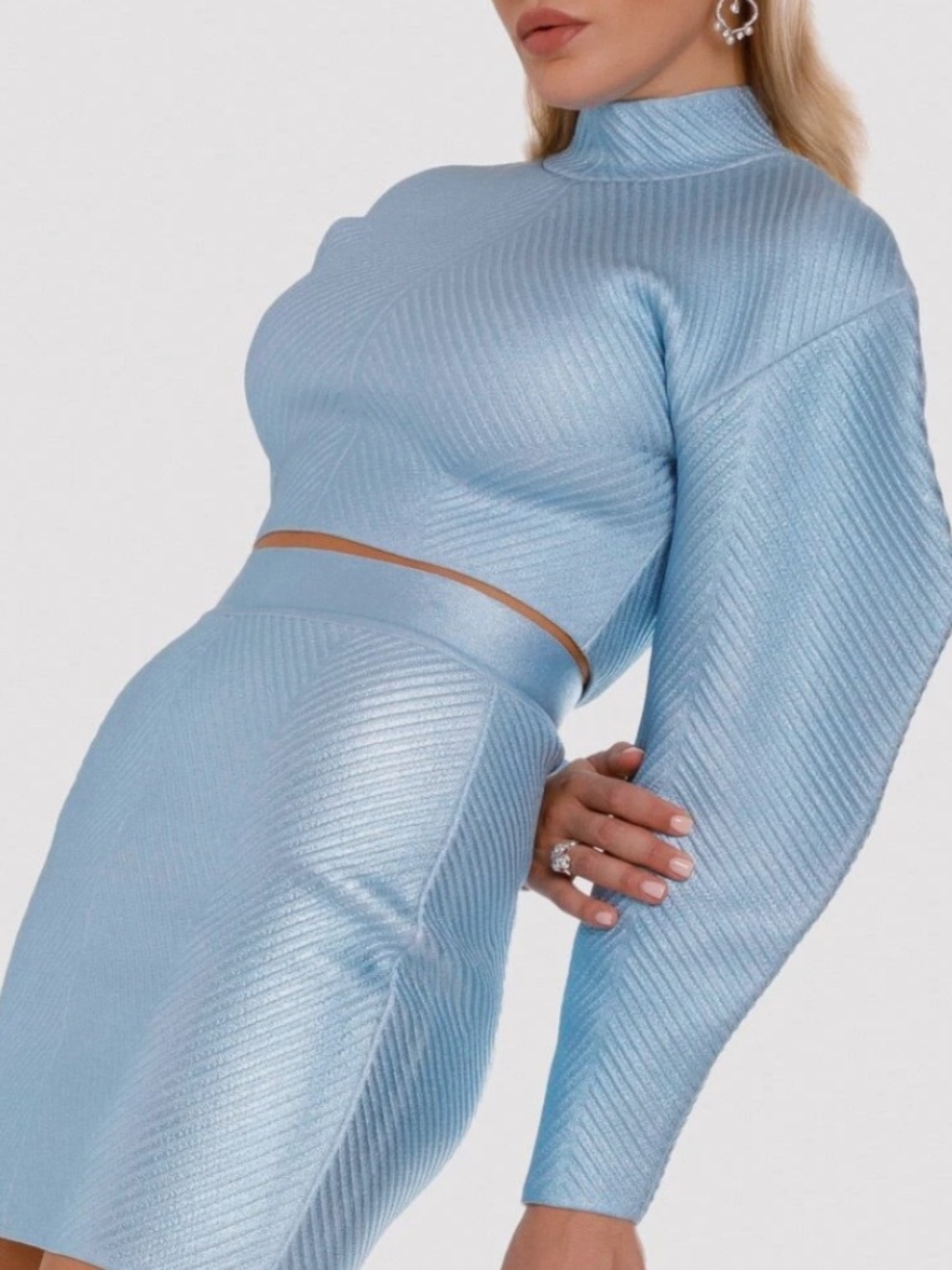 HERVE LEGER Herve Leger Blue Textured Lurex Knit Mock Neck Sweatshirt NWT